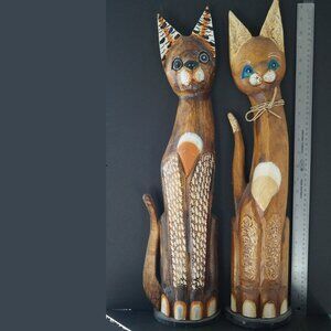 2 Hand Carved Wooden Cat Decorations
